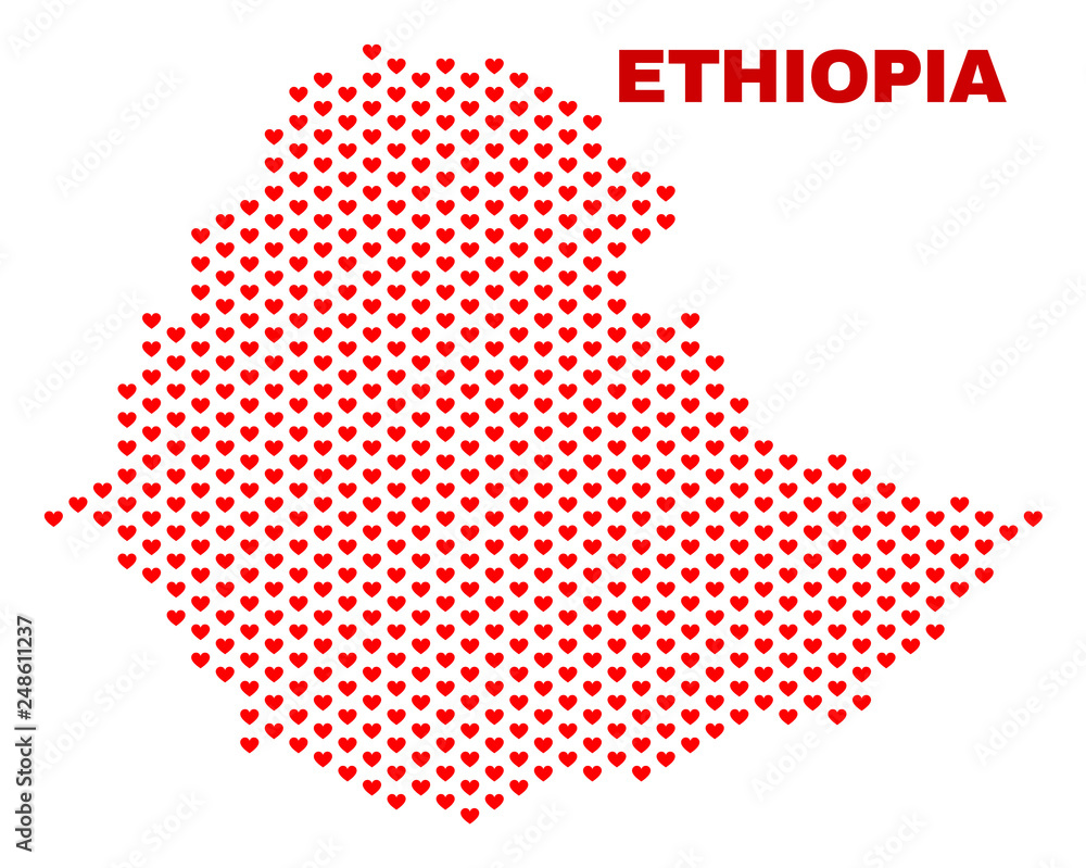 Mosaic Ethiopia map of love hearts in red color isolated on a white background. Regular red heart pattern in shape of Ethiopia map. Abstract design for Valentine decoration.