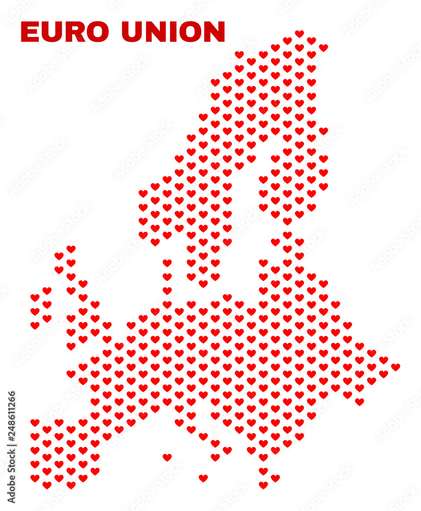 Mosaic Euro Union map of valentine hearts in red color isolated on a white background. Regular red heart pattern in shape of Euro Union map. Abstract design for Valentine illustrations.