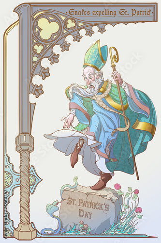 Snakes expelling St. Patrick from Ireland. Ironical illustration for the St. Patric's day. Poster or greecing card design. Trendy colors. PEPS10 vector illustration.