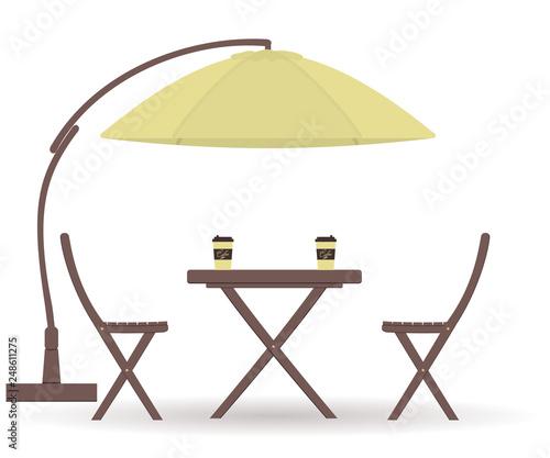 Concept of coffee time: wooden garden furniture or a set of furniture for the balcony: folding table with cardboard  pistachio coffee Cups,chairs and sun protection umbrella. Vector illustration