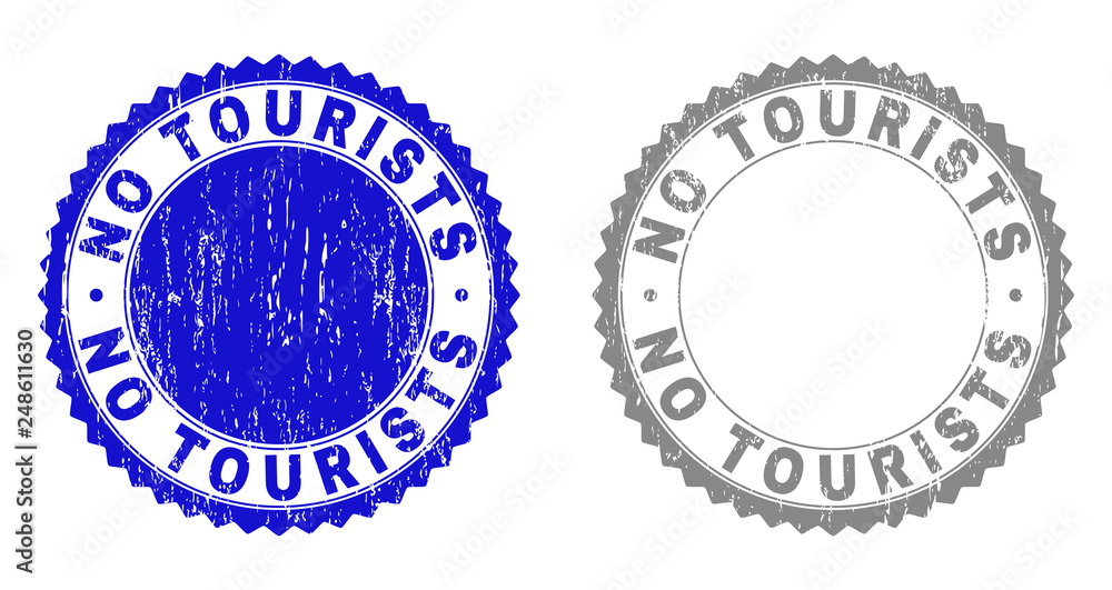 Grunge NO TOURISTS stamp seals isolated on a white background. Rosette seals with grunge texture in blue and grey colors. Vector rubber stamp imprint of NO TOURISTS tag inside round rosette.