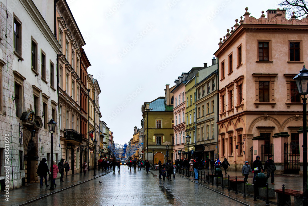 Krakow old town European style architecture on a cloudy day
