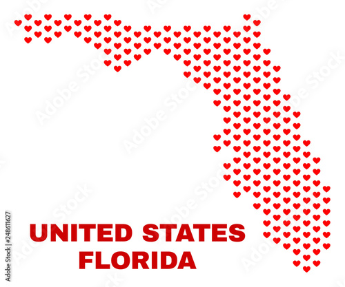 Mosaic Florida State map of heart hearts in red color isolated on a white background. Regular red heart pattern in shape of Florida State map. Abstract design for Valentine illustrations.