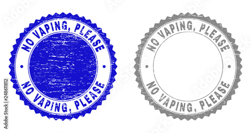 Grunge NO VAPING, PLEASE stamp seals isolated on a white background. Rosette seals with grunge texture in blue and gray colors. Vector rubber overlay of NO VAPING, PLEASE caption inside round rosette.