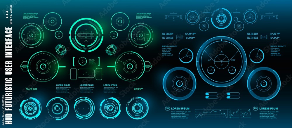 HUD futuristic green user interface, target. Dashboard display virtual reality technology screen HUD futuristic green user interface, target. Dashboard display virtual reality technology screen