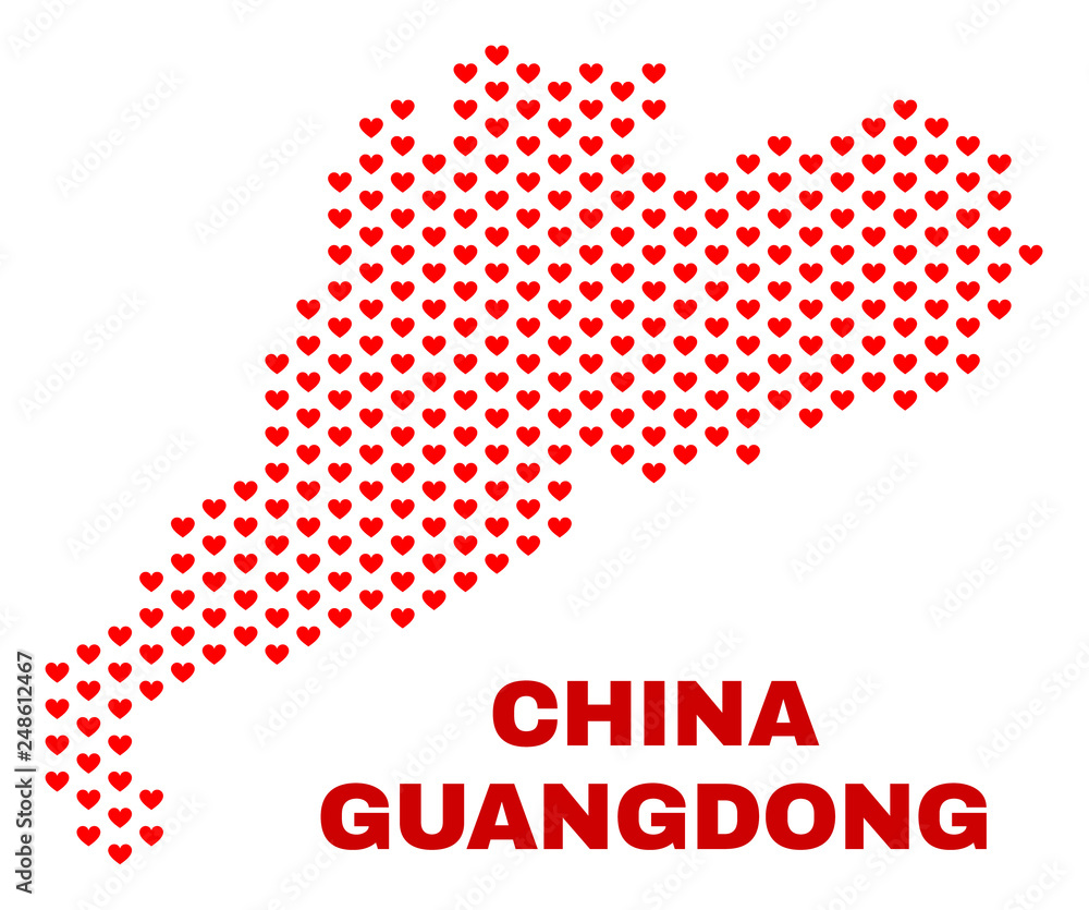 Fototapeta premium Mosaic Guangdong Province map of heart hearts in red color isolated on a white background. Regular red heart pattern in shape of Guangdong Province map. Abstract design for Valentine illustrations.