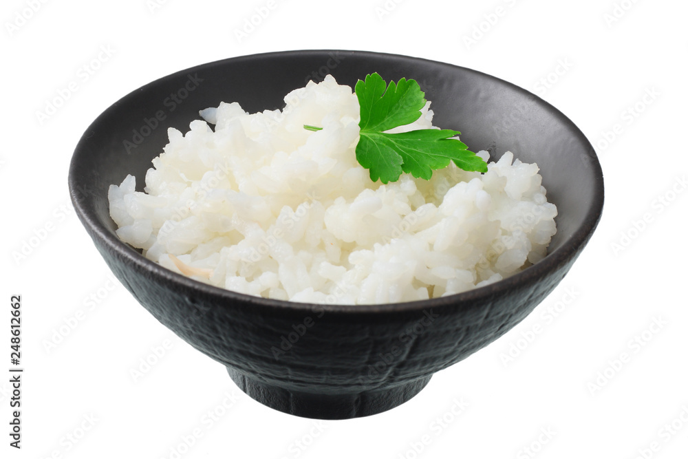 White rice in black bowl isolated on white background. White rice in black bowl isolated on white background.
