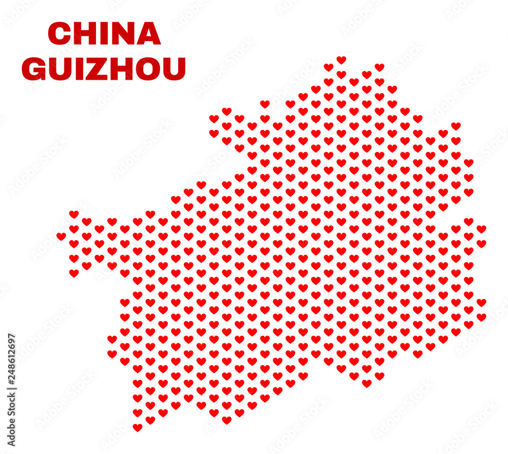 Mosaic Guizhou Province map of heart hearts in red color isolated on a white background. Regular red heart pattern in shape of Guizhou Province map. Abstract design for Valentine illustrations.