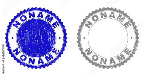 Grunge NONAME stamp seals isolated on a white background. Rosette seals with distress texture in blue and gray colors. Vector rubber stamp imitation of NONAME label inside round rosette. photo