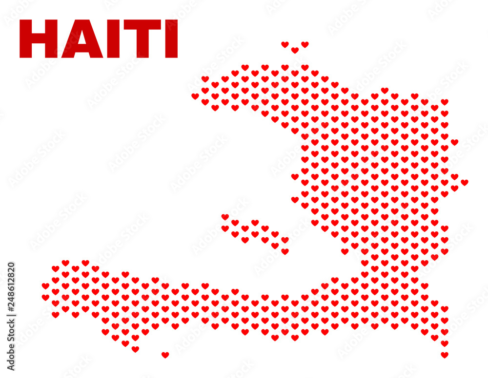 Mosaic Haiti map of heart hearts in red color isolated on a white background. Regular red heart pattern in shape of Haiti map. Abstract design for Valentine decoration.