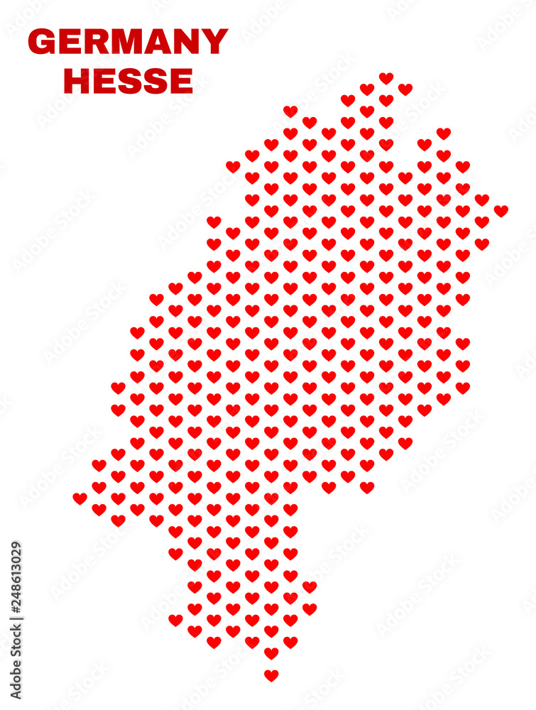 Mosaic Hesse Land map of love hearts in red color isolated on a white background. Regular red heart pattern in shape of Hesse Land map. Abstract design for Valentine decoration.