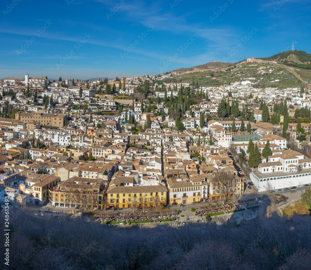 Panoramic view of the city of Granada and neighborhood of the Albaicin from the Alhambra, Granada, Spain