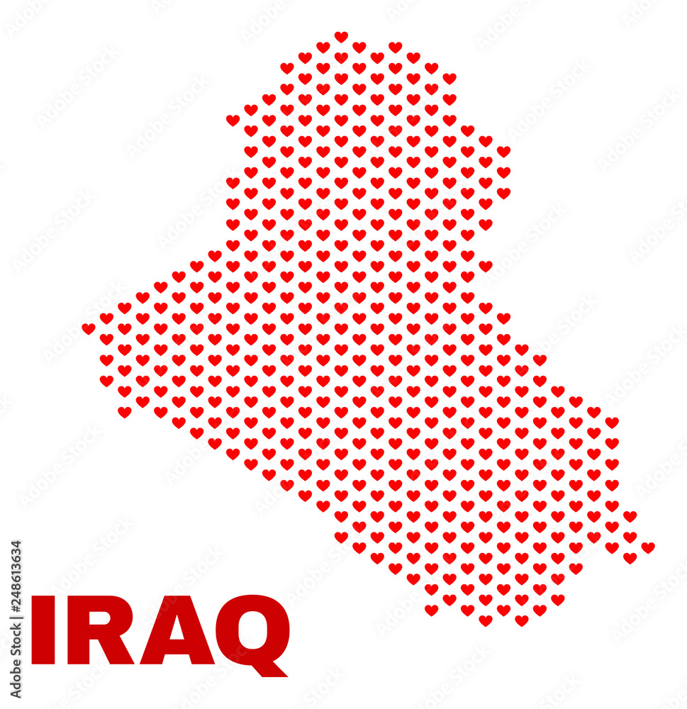 Mosaic Iraq map of valentine hearts in red color isolated on a white background. Regular red heart pattern in shape of Iraq map. Abstract design for Valentine decoration.