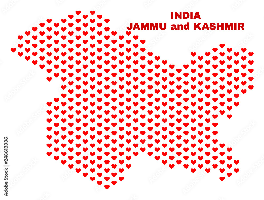 Mosaic Jammu and Kashmir State map of valentine hearts in red color isolated on a white background. Regular red heart pattern in shape of Jammu and Kashmir State map.