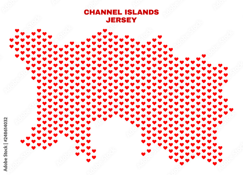 Mosaic Jersey Island map of heart hearts in red color isolated on a white background. Regular red heart pattern in shape of Jersey Island map. Abstract design for Valentine decoration. Mosaic Jersey Island map of heart hearts in red color isolated on a white background. Regular red heart pattern in shape of Jersey Island map. Abstract design for Valentine decoration.