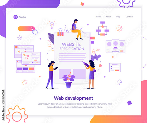 A team of specialists prepares website specification. Landing page template. Flat vector illustration.