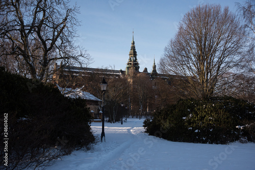 Gothic house at the Djurgården island in Stockholm a snowy winter day
