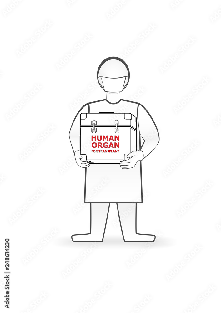doctor holds in hands box with human organ for transplant isolated on the white background, horizontal vector illustration