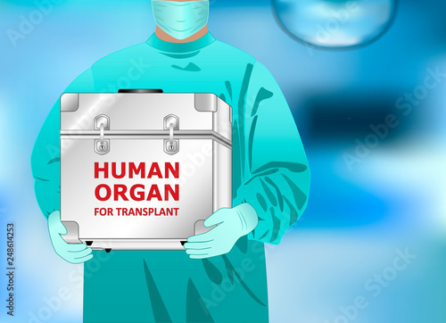 doctor holds in hands box with human organ for transplant, horizontal vector illustration