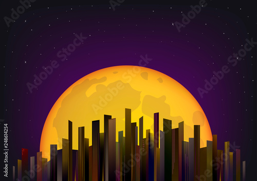 skyscrapers on the background of the full moon and night sky  horizontal vector illustration