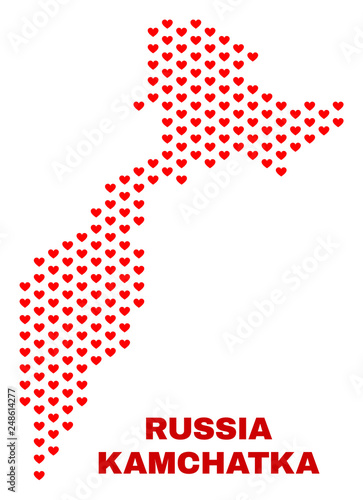 Mosaic Kamchatka map of valentine hearts in red color isolated on a white background. Regular red heart pattern in shape of Kamchatka map. Abstract design for Valentine decoration.
