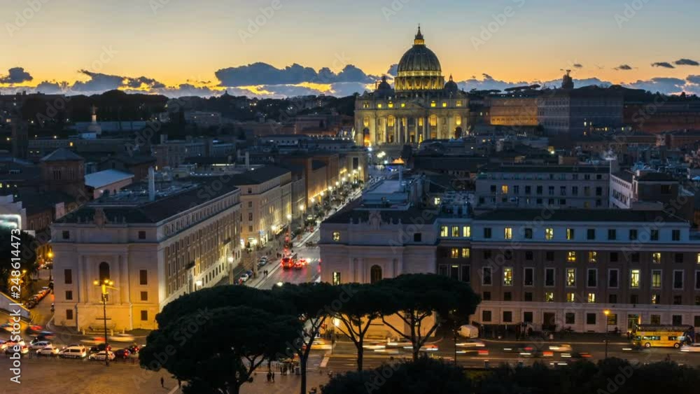 rome skyline st.peter basilica vatican city time lapse illuminated by night lights at dusk hour in Italy rome skyline st.peter basilica vatican city time lapse illuminated by night lights at dusk hour in Italy