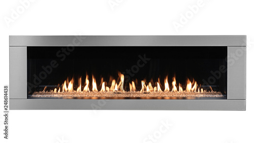 Burning gas modern fireplace isolated on white background