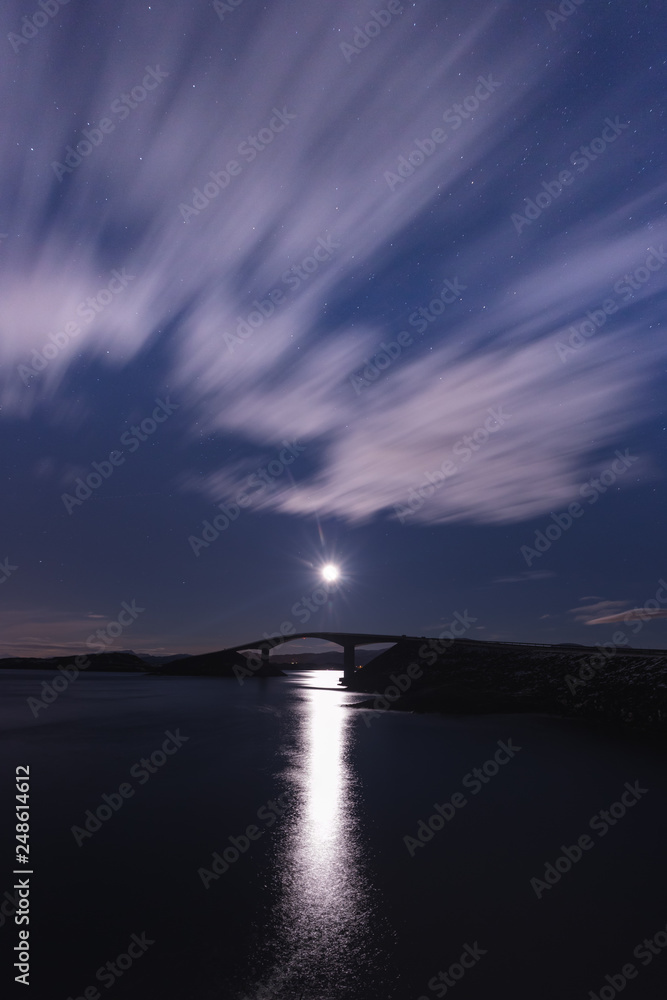 Night with the moon and view on the Atlantic Ocean Road in Norway.