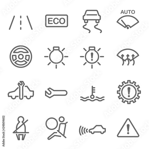 Car Dashboard Vector Line Icon Set. Contains such Icons as Seatbelt, Steering Wheel, Gear, ECO, Electronic Stability Programme and more. Expanded Stroke