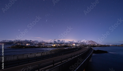 Night with the moon and view on the Atlantic Ocean Road in Norway. photo