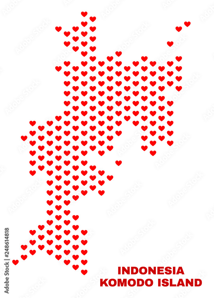 Mosaic Komodo Island map of heart hearts in red color isolated on a white background. Regular red heart pattern in shape of Komodo Island map. Abstract design for Valentine illustrations. Mosaic Komodo Island map of heart hearts in red color isolated on a white background. Regular red heart pattern in shape of Komodo Island map. Abstract design for Valentine illustrations.