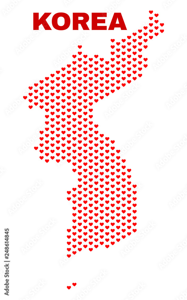 Mosaic Korea map of love hearts in red color isolated on a white background. Regular red heart pattern in shape of Korea map. Abstract design for Valentine decoration.