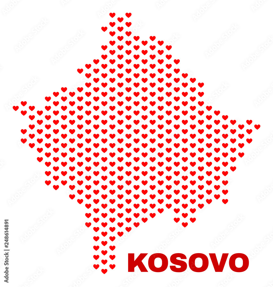 Mosaic Kosovo map of valentine hearts in red color isolated on a white background. Regular red heart pattern in shape of Kosovo map. Abstract design for Valentine decoration.