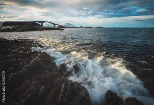 Rocky coast by the Atlantic Ocean Road in Norway. Long exposure shots. photo