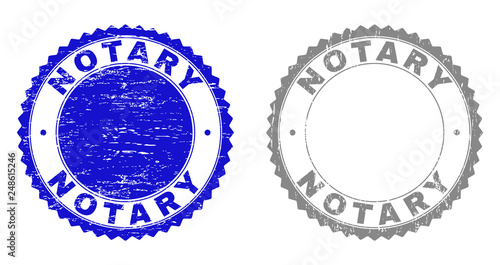 Grunge NOTARY stamp seals isolated on a white background. Rosette seals with grunge texture in blue and grey colors. Vector rubber stamp imprint of NOTARY caption inside round rosette.
