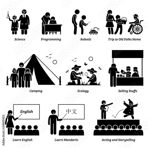 Enrichment program in academic and extra curricular activities for school children. Illustration depict children learning different educational activities at school and outside.