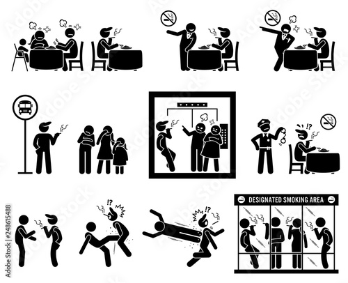 People hate smoker smoking in public places. Illustrations depict non-smoker despise inconsiderate smoker at restaurant, bus stop and inside the elevator. Designated smoking area is prepared for them.