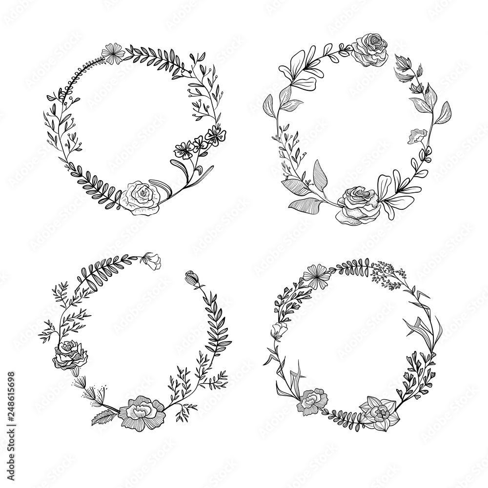 Fototapeta premium Graphic wreaths with flowers and plants on white isolated background