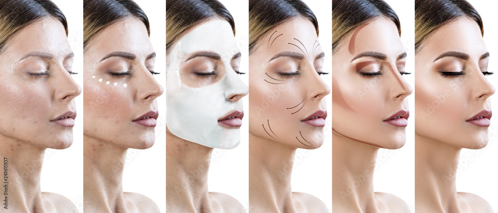 Obraz premium Collage of woman applying makeup step by step.