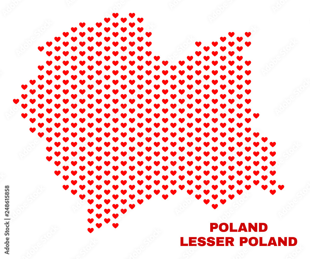 Mosaic Lesser Poland Voivodeship map of valentine hearts in red color isolated on a white background. Regular red heart pattern in shape of Lesser Poland Voivodeship map.