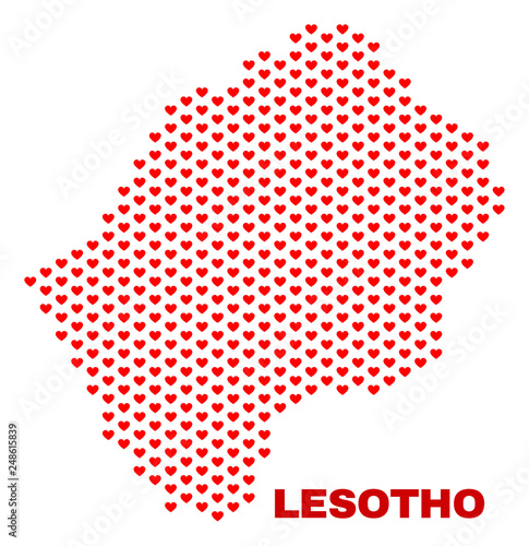 Mosaic Lesotho map of heart hearts in red color isolated on a white background. Regular red heart pattern in shape of Lesotho map. Abstract design for Valentine decoration. photo