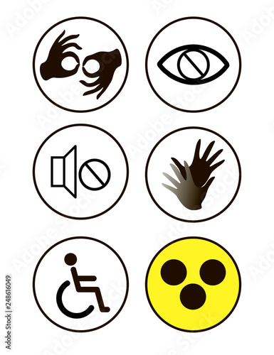 black and white disability symbols and signs collection, may be used to publicize accessibility of places, and other activities for people with various disabilities.vector illustration