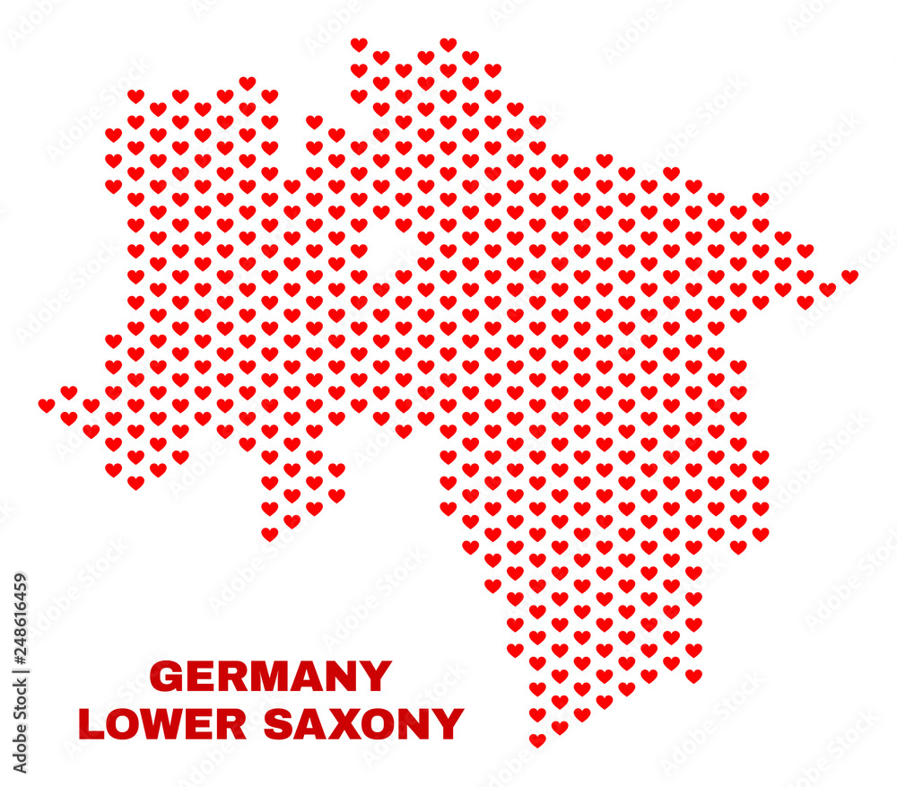 Mosaic Lower Saxony Land map of valentine hearts in red color isolated on a white background. Regular red heart pattern in shape of Lower Saxony Land map. Abstract design for Valentine decoration.