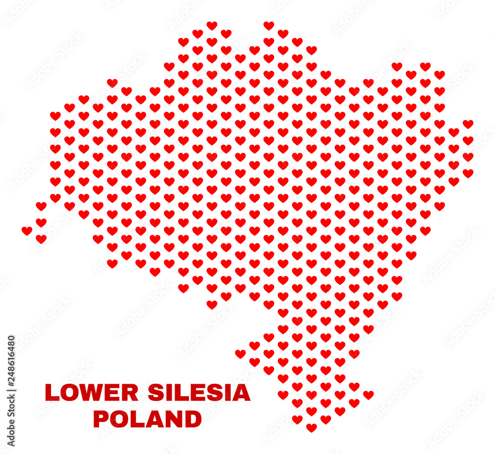 Mosaic Lower Silesia Province map of love hearts in red color isolated on a white background. Regular red heart pattern in shape of Lower Silesia Province map. Mosaic Lower Silesia Province map of love hearts in red color isolated on a white background. Regular red heart pattern in shape of Lower Silesia Province map.