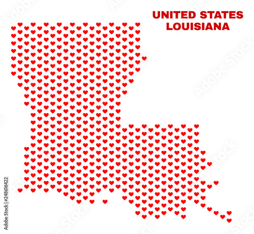 Mosaic Louisiana State map of love hearts in red color isolated on a white background. Regular red heart pattern in shape of Louisiana State map. Abstract design for Valentine illustrations.