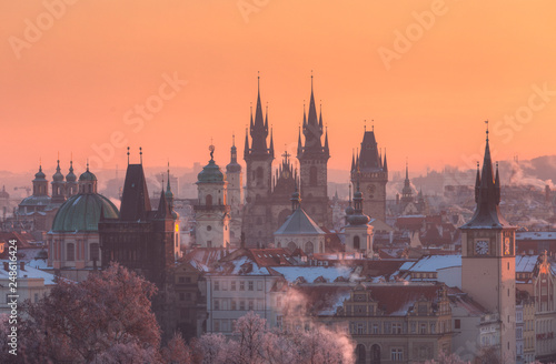 Panoramic view of Old Town and Temple of Tyn in Prague, Czech Republic