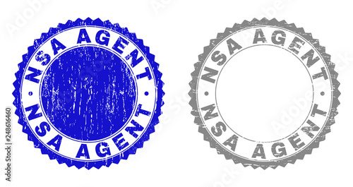 Grunge NSA AGENT stamp seals isolated on a white background. Rosette seals with grunge texture in blue and gray colors. Vector rubber stamp imitation of NSA AGENT caption inside round rosette.
