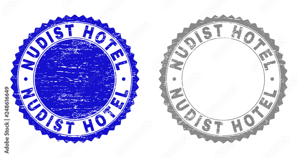 Grunge NUDIST HOTEL stamp seals isolated on a white background. Rosette seals with grunge texture in blue and gray colors. Vector rubber stamp imitation of NUDIST HOTEL label inside round rosette.