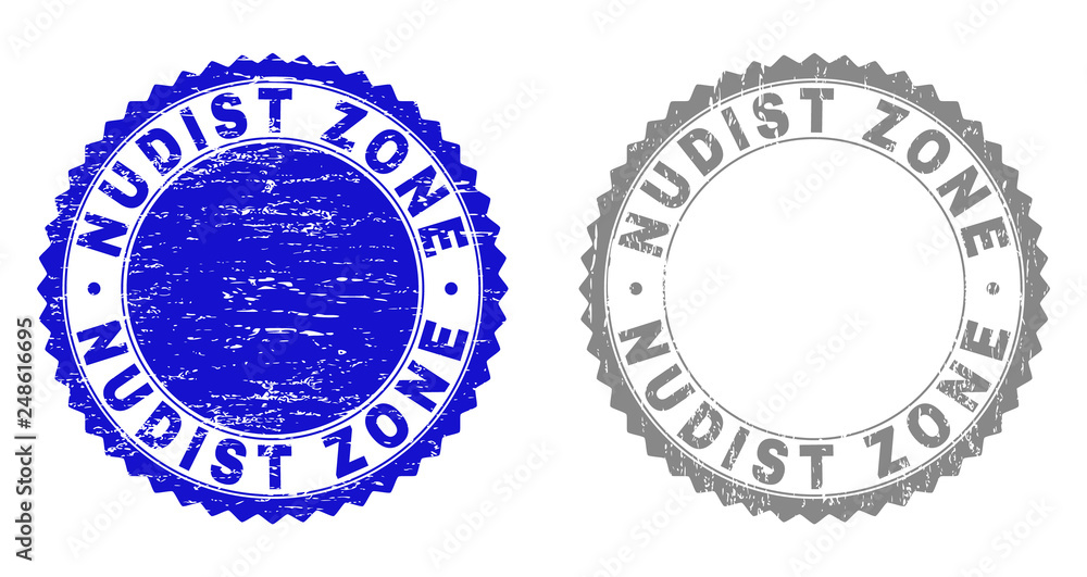Obraz premium Grunge NUDIST ZONE stamp seals isolated on a white background. Rosette seals with grunge texture in blue and gray colors. Vector rubber overlay of NUDIST ZONE title inside round rosette.