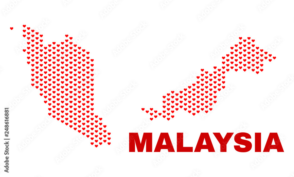 Mosaic Malaysia map of valentine hearts in red color isolated on a white background. Regular red heart pattern in shape of Malaysia map. Abstract design for Valentine decoration.